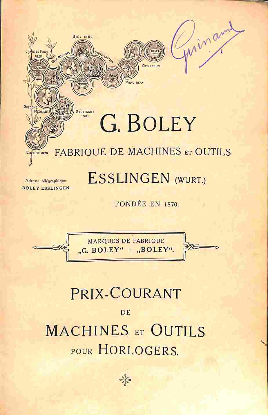 G. Boley fabrique de machines et outils, Esslingen. Prix courant de machines et outils pour horlogers